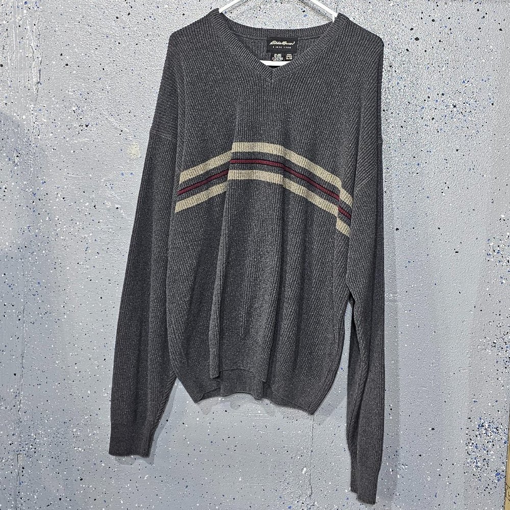 Eddie Bauer Mens Heavy Knit Cotton Grey Long Sleeve V Neck Sweater XL